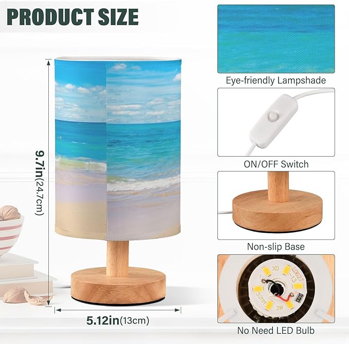 Table Lamp Tropical Sea Summer Blue Ocean with Beach White Cloud on Sky Nightstand Lamp with Wood Base Fabric Lamp Shade Bedside Desk Lamp for Living Room Bedroom Kids Room Office