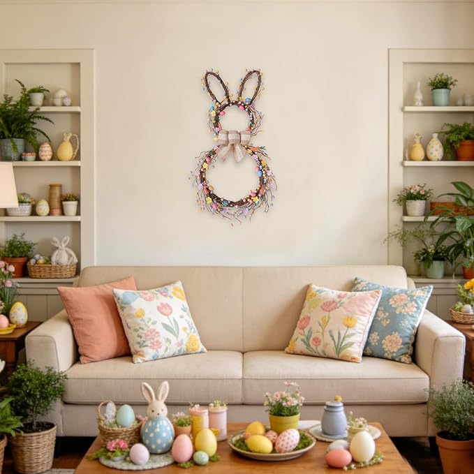 Idyllic 24 Inch Bunny Shaped Easter Wreath with Foldable Base Easter Eggs Daisies and Bow Decor for Front Door Window Living Room Fireplace Holiday Decoration