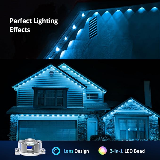 IVRICH 100FT Permanent Outdoor Lights, Smart RGB Eave Light with Color Changing, APP/Remote Control, IP67 Waterproof, Music Sync, Timer Function, for Christmas, Party, Holiday Decor