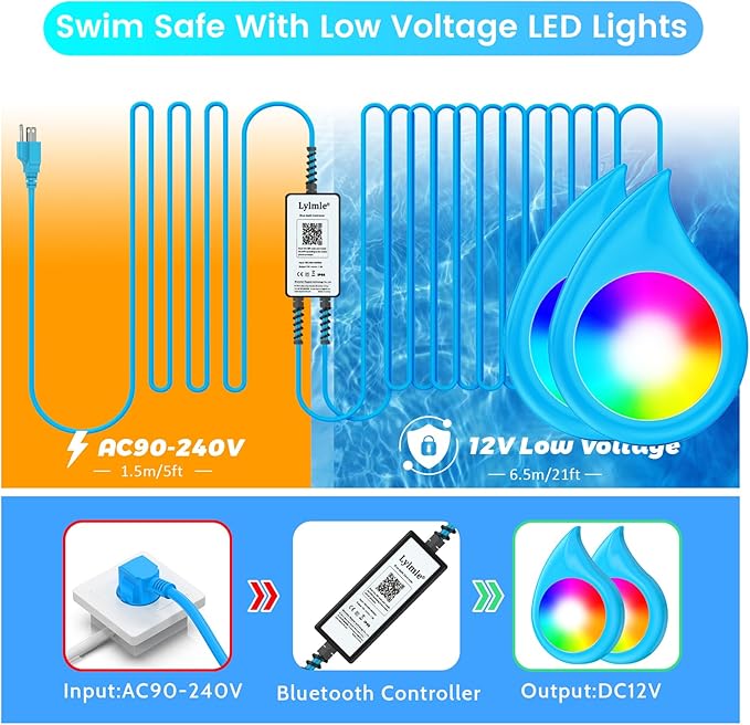LyLmLe LED Pool Light, 40W Smart Magnetic Pool Lighting with APP Control, 12V Double Lamp with 21ft Cord for Each Light, 1600lm, IP68 Waterproof Nicheless Lights for Inground Aboveground Pools