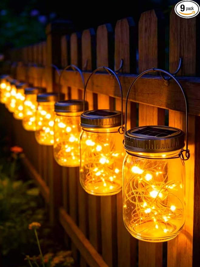 Cooo Gift for him her 9 Pack Solar Lanterns Outdoor Waterproof Upgraded Crystal Glass Solar Mason Jar Lights 30 LED 215% Larger SolarPanel, Anti-Rust Lid Hanging Outdoor Lanterns for Patio Garden
