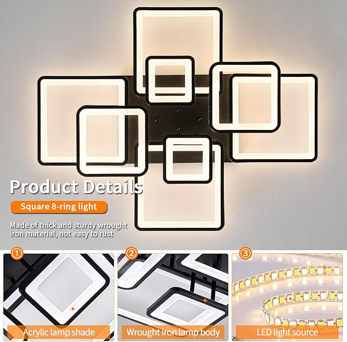 Modern LED Ceiling Light, Dimmable LED Chandelier Black Flush Mount Ceiling Lights, Remote Control Acrylic Ring Ceiling Lamp Fixture for Living Room Dining Room Bedroom, 8H-FANG-BL-04