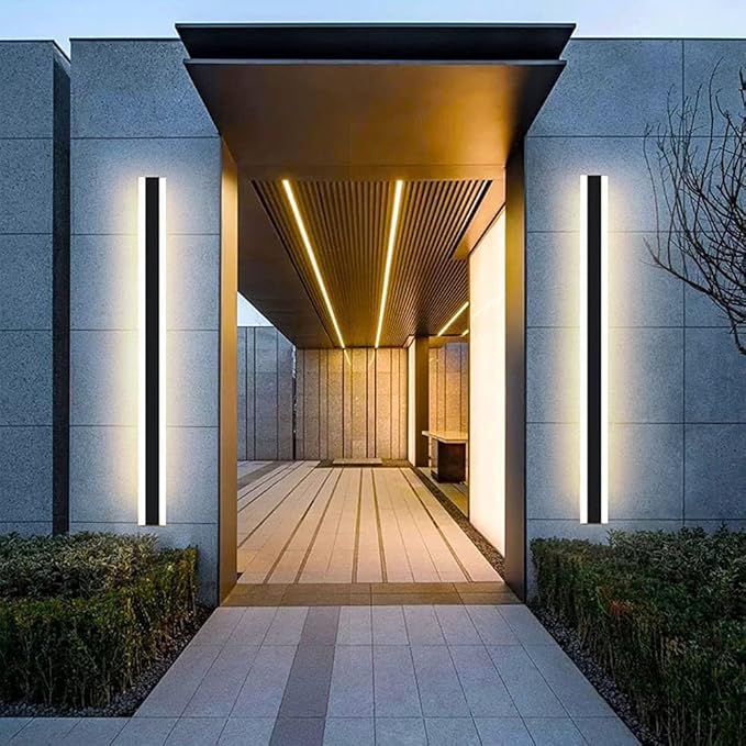 Outdoor Long Strip Modern LED Wall Lighting Fixture Lamps, Elegant Frosted White Acrylic, Black Aluminum Body IP65 Waterproof Anti Rust (Dimmable, 24inch)