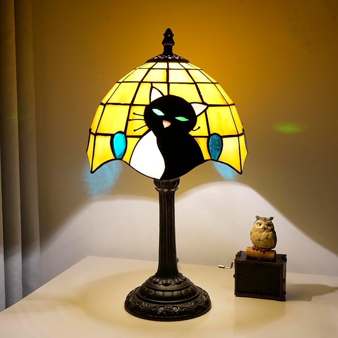 Small Tiffany Lamp Stained Glass Table Lamp Elegant Cute Retro Vintage Style White Black Cat Bedside Night Lamp For Nightstand Bedroom Home Decor Kitchen Counter Antique Living Room Office Fun Lamps