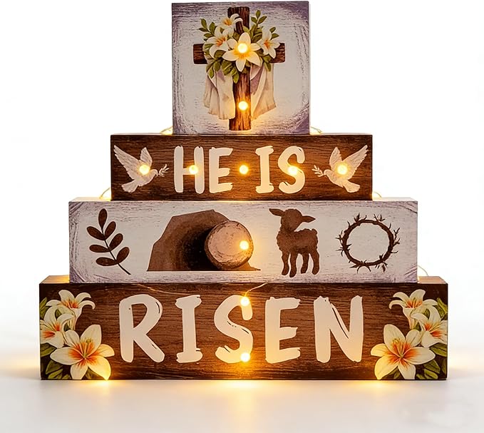 Religious Easter Decorations Indoor - Led Cross Christian Decor He Is Risen Light up Happy Easter Wooden Sign for Table Religious Home Office Indoor Decor 9 × 9 Inch