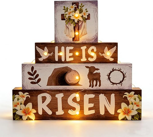 Religious Easter Decorations Indoor - Led Cross Christian Decor He Is Risen Light up Happy Easter Wooden Sign for Table Religious Home Office Indoor Decor 9 × 9 Inch