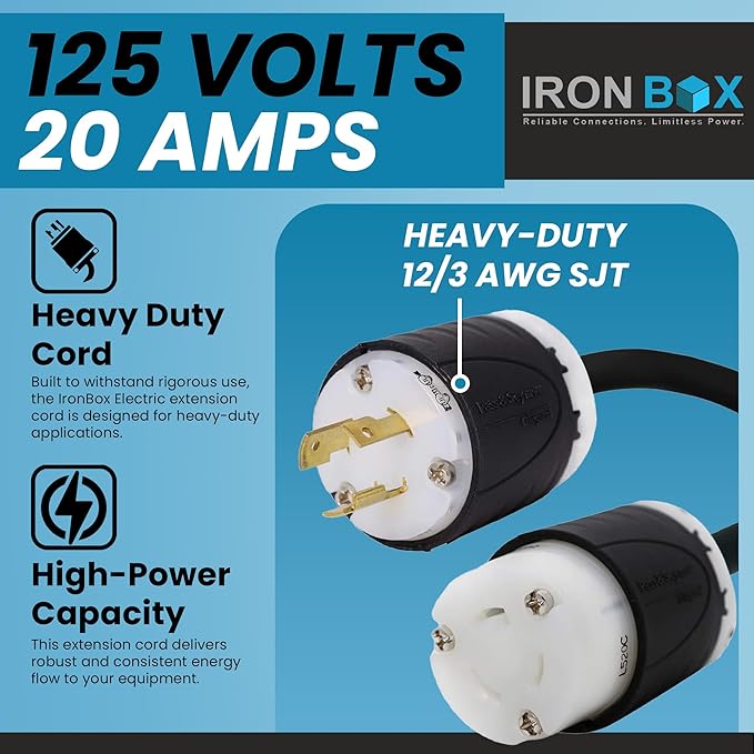 IronBox Electric NEMA L5-20P to L5-20R Power Cord - 20A, 125V, 12/3 AWG SJT - UL Listed Power Cable Adapter - Heavy Duty Extension Cord for Outdoor, Generator, Data Center & More (10 ft, Custom Built)