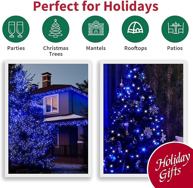 LAMPHOME 33ft Christmas Decorative Mini Lights, 100 LED Green Wire Fairy Starry String Lights Plug in, 16 Lighting Modes for Outdoor Xmas Tree Wedding Party Decoration (White+Blue)