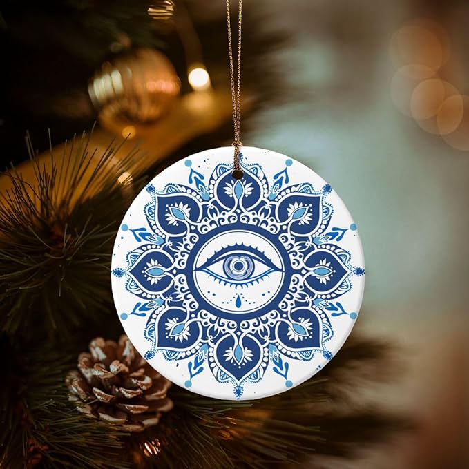 Mandala Demon Eye Christmas Ornaments, Christmas Decorations Xmas Tree Hanging Ornaments, Round Ceramic Festive Keepsake Gift for Xmas Decorations Holiday Home Decor