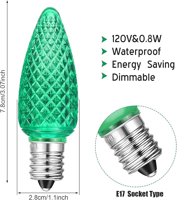 Mudder 50 Pieces C9 Christmas Light Replacement Bulb E17 LED Easter Light Replacement Bulb Outlet Faceted Christmas Bulb LED for Holiday Decoration(Red, Green)