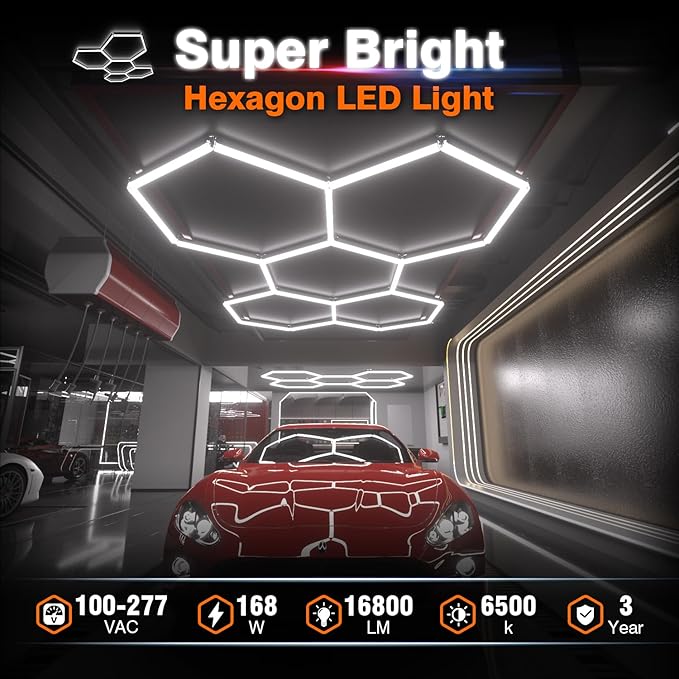 Hexagon Garage Lights : 3 Level Dimmable 168W Tube 5 Grids Hexagon LED Lights - Easy Install 6500K Super Bright Hex Lights for Garage, Home Gym, Shop, Workshop, Basement, Studio