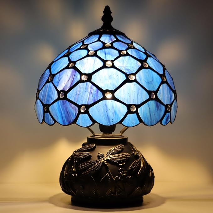 Small Tiffany Mushroom Table Lamp,Mini Memory Sympathy Antique lamp 8X11 Inch (Blue Beads)