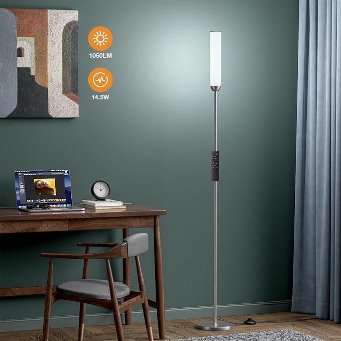 Ambimall LED Floor Lamp with Remote Control, 65" Standing lamp with Stepless Adjustable 3000K-6500K Colors & 30-100% Brightness, Foot Switch(Deep Grey)