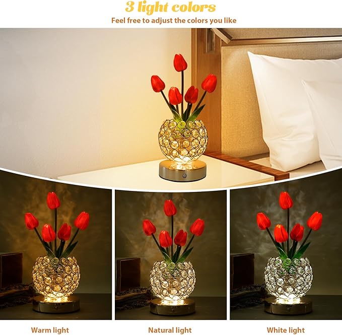 Tulip Crystal Flower Lamp Touch Lamp,Rechargeable Cordless Table Lamp, 3-Colour Infinitely Dimming Battery Powered Small Night Light,Gift for Mom for Valentine Day,Mothers Day,Xmas,Birthday (Red)