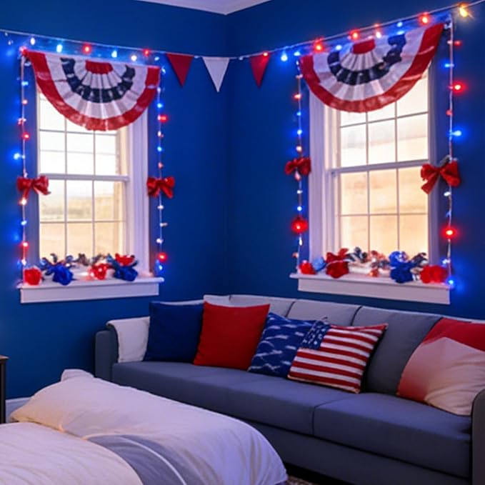 LAMPHOME Red White and Blue Patriotic String Lights, 66ft 200LED 4th of July Lights Plug in, 16 Modes LED Lights Outdoor String Lights for Independence Day Memorial Day Patriotic Holidays Decor