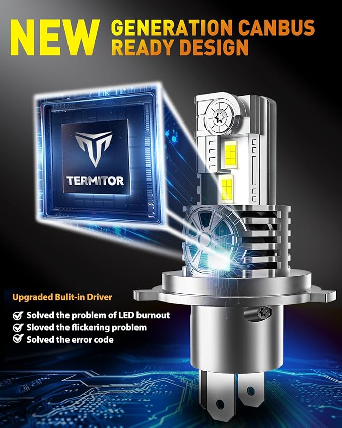 Upgraded H4/9003 Light bulb Hi/Low Beam,50000LM 900% Super Brighter, 6500K Cool White, HB2 Fog Light Bulbs with Cooling Fan, 1:1 Mini Halogen Size, Plug and Play, Pack of 2