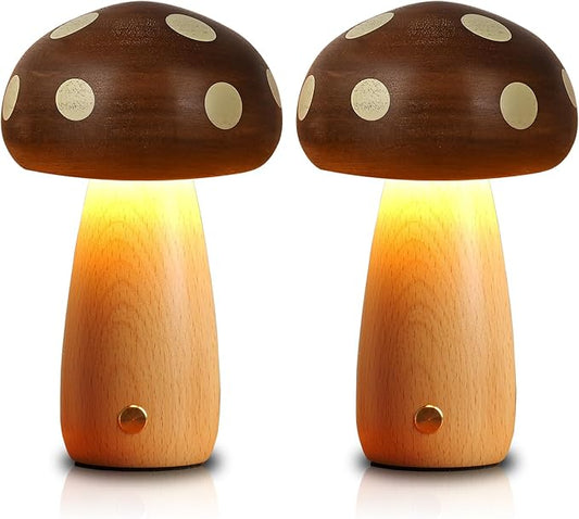 2 Pack LED Wood Mushroom Table Lamp, Rechargeable Cordless Touch Bedside Small Lamps, Wireless Stepless Dimming Night Light, Portable Battery Lamp for Bedroom Nightstand for Birthday Gifts