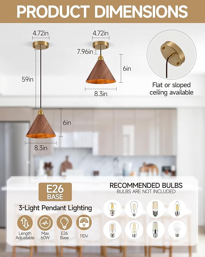 3 Pack Pendant Lights Kitchen Island, 8.3” Small Wood Pendant Light, Adjustable Height Hanging Light Fixtures, Kitchen Island Lights for Dining Room, Bedroom, Hallway, Bar (Walnut)