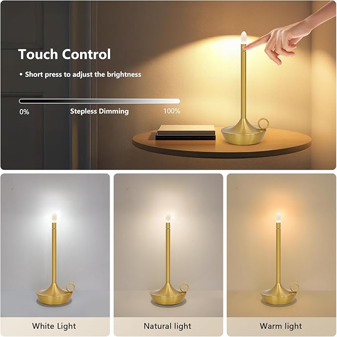 Cordless LED Table Lamp, Portables Lamps, Rechargeable Battery Table Lamps,Stepless Dimming Table Lamps for Dining Room, Bedroom, Bedside, Night Light, Balcony, Outdoor,Coffee,Bar (Gold)