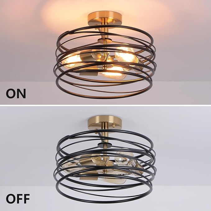 Black Rustic Drum Semi Flush Ceiling Light with 3-Light Brass Base, Modern Gold Farmhouse Chandeliers Metal Cage for Dining Room, Industrial Pendant Light for Entryway Kitchen Foyer Bedroom