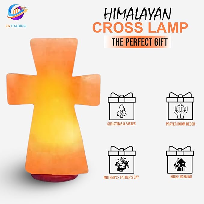 Himalayan Salt Cross Lamp – 8" Tall, 5" Wide, 7 lbs – Handcrafted Pink Salt Lamp Night Light with Wooden Base – Decorative Gift for Prayer Room, Bedroom, or Living Space