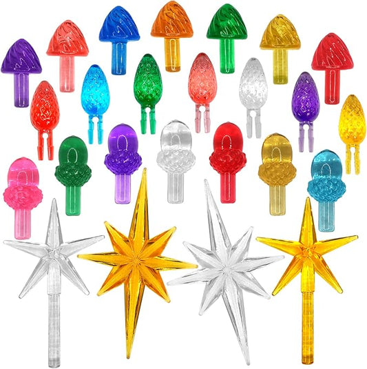 Ceramic Christmas Tree Replacement Lights Bulbs/130Pcs Medium Tree Pegs Accessories Including Mushroom/Acorn/Pineapple & 4 Pcs Toppers Stars (Pentagram and Heptagram)