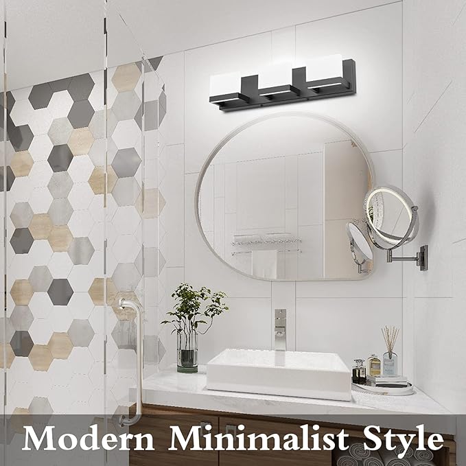 Tipace 3 Lights Black Dimmable LED Vanity Light for Bathroom Up and Down Black Modern Bathroom Wall Light Fixtures Over Mirror(White Light 6000K)