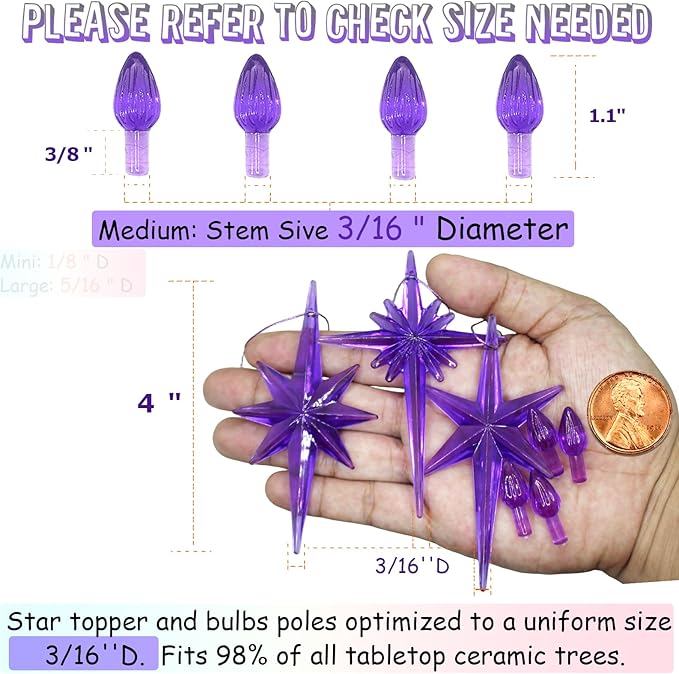 Ceramic Christmas Tree Replacement Lights Bulbs, Purple Medium Twist Plastics Pegs Ornaments for Ceramic Tree(87 Bulbs＆ 3 Topper Star)