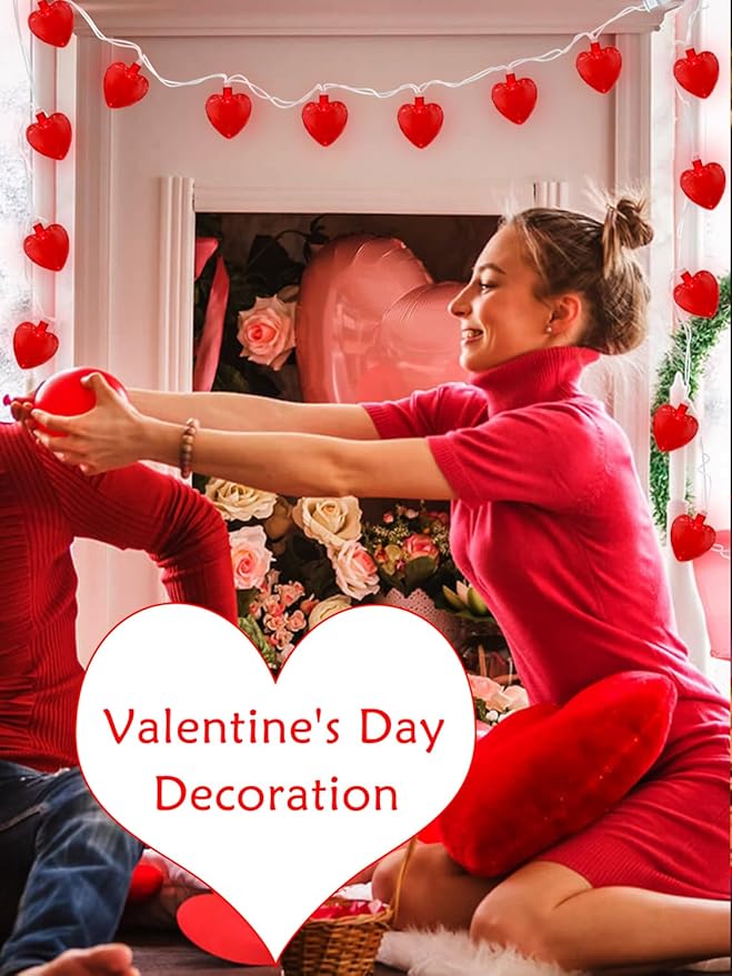 SUNSGNE 8.5Ft Red Heart String Lights, Valentines Lights with 10 LED Red Heart Bulbs for Valentine Mother's Day Wedding Anniversary Party Christmas Decor