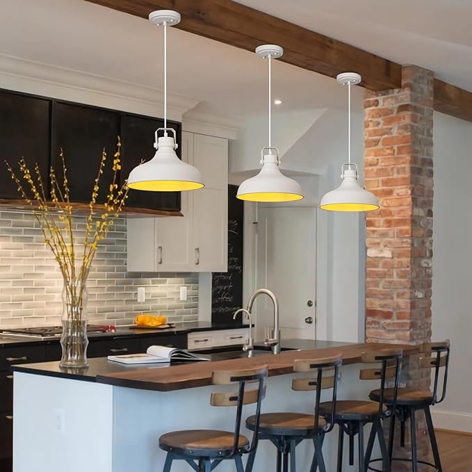 White Farmhouse Pendant Lights Matte Pendant Lighting for Kitchen Island Industrial Adjustable Height Vintage Dome Hanging Light Fixtures for Barn, Dining Room 3 Packs