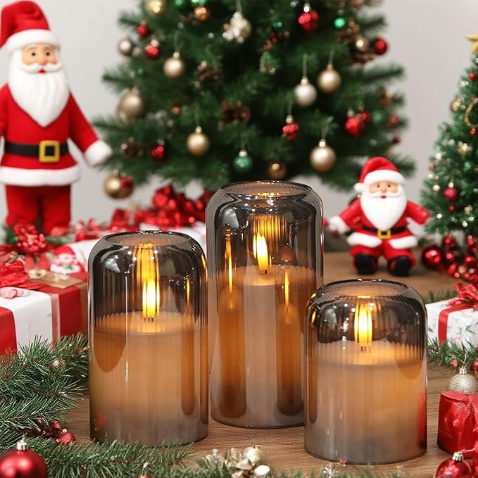 DRomance Glass Flameless Candles with Remote and Timer Battery Operated 3 Pack Real Wax Striped Gray LED Flickering Pillar Candles Dinner Wedding Halloween Christmas Holiday Decor(3" D x 4",5",6" H)