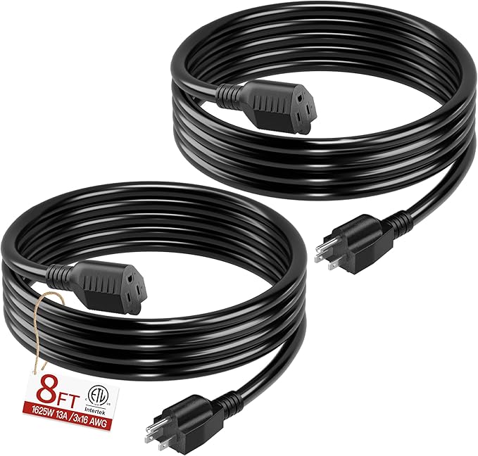 16/3 Short Extension Cord 8 FT 2 Pack, Black Extension Cord Flexible & Durable, Indoor 3 Prong Power Cable, Suitable for Home and Office, 13 Amp 1625 Watt 125VAC 16AWG, ETL Listed