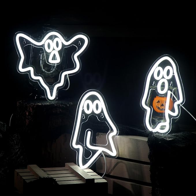 Treela 3 Pcs Halloween Ghost Neon Signs Halloween Neon Window Lights LED Sign Ghost Face Decorations USB Powered Light up Sign for Part Bar Room Wall Decor