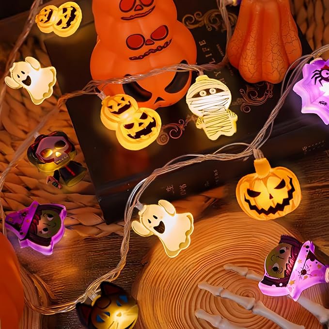 Halloween String Lights with Battery-Powered Decoration Featuring Mummies, Ghosts, Spiders,Witch, Skeletons, Witches, Black Cats-Cute Indoor Party Ornaments for Festive Decoration.（8 Elements）