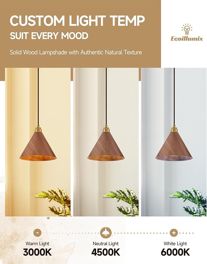 1 Pack Wood Pendant Lights Kitchen Island, 8.3” Modern Pendant Light, Adjustable Height Brushed Gold Hanging Light Fixtures, Island Lights for Dining Room, Bedroom, Hallway, Bar(Walnut)