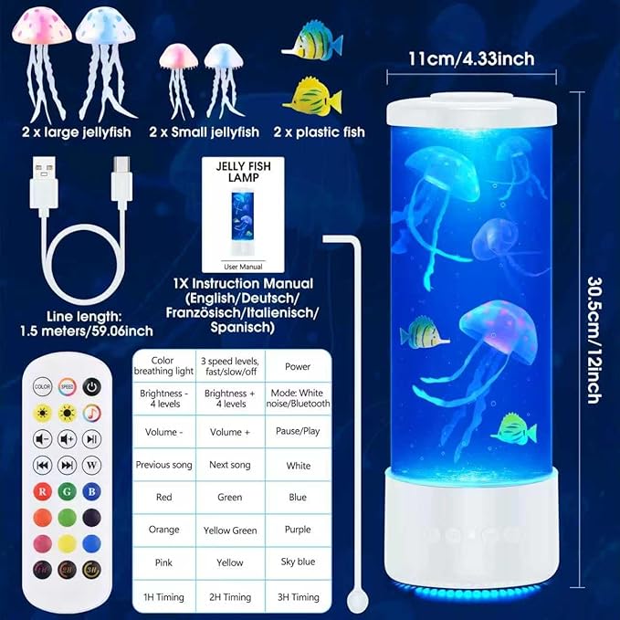 Jellyfish Lamp Bluetooth Speaker,12 White Noise Jelly Fish Table Night Light,10 Color Changing 2 Lighting Modes,Mood Lamp for Home Office Sleep Relaxation,Gifts for Kids Children Adults (white)