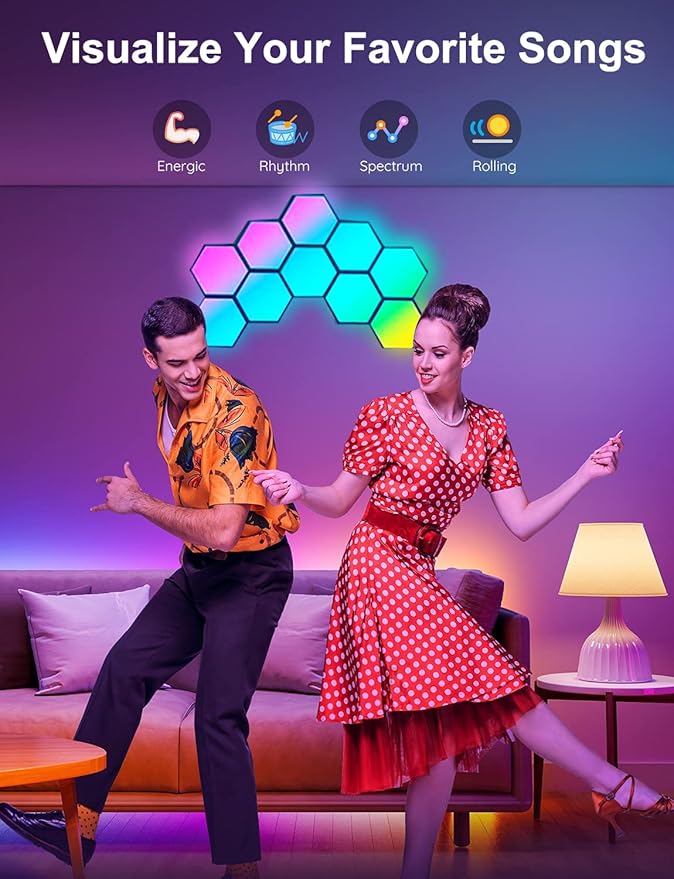 Amailtom Hexagon LED Lights Sync with Music, Hexagon Gaming Wall Lights App and Remote Control, 16 Million Colors Modular Light Panels DIY Geometry Splicing for Gaming Room Bedroom, 7 Pack