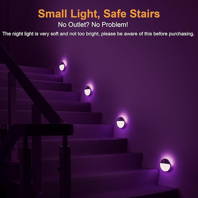 2 Pack Purple Battery Night Light, Motion Activated Night Light, 2.6" Small Sticky Lights, 3 Light Modes, Dimmable Calming Glow for Meditation, Relaxation, Bathroom, Bedroom, Travel, Violet