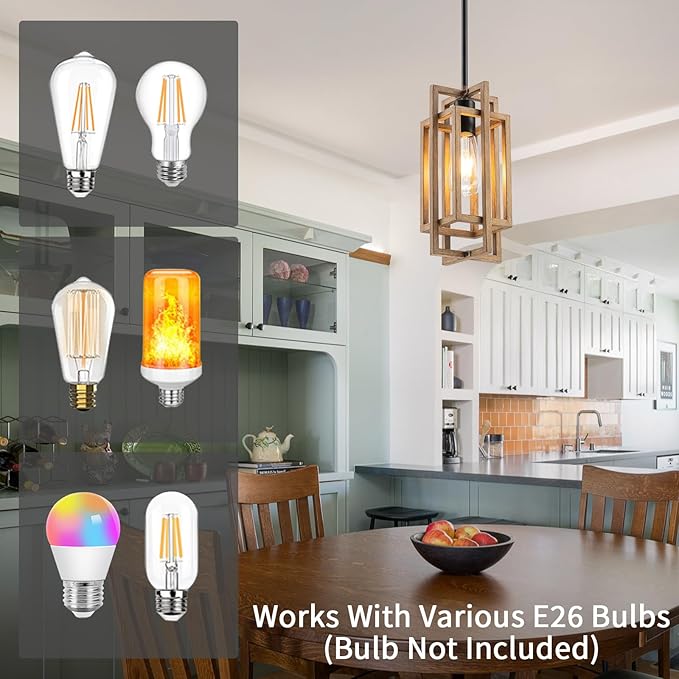 Farmhouse Pendant Light Fixtures, Retro Wood Texture and Black Finish Pendant Lights 59'' Adjustable Small Square Pendant Ceiling Hanging Light for Kitchen Island Dining Room Entryway