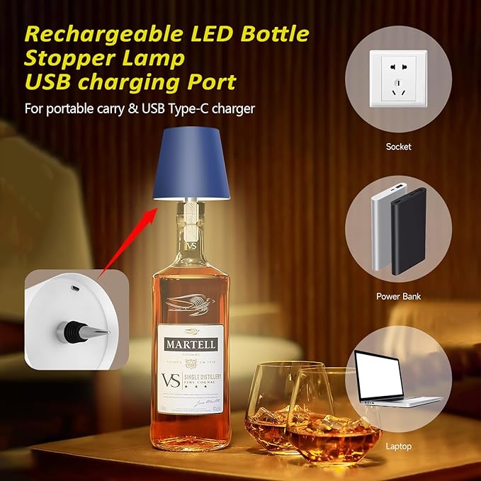 2025 New Wireless Bottle Lamp - LED Bottle Lights for Liquor & Wine Bottles, Cordless Lampshade, Whiskey Bottle Top Light, Bottle Stopper Night Light Kit, Rechargeable 3-Tone Touch-Dimmable