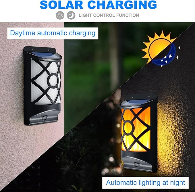 Solar Flame Lights Outdoor - Waterproof Wall Lanterns with Realistic 3D Flickering Flames, 66 Ultra Bright LED Fire Effect Light - Garden Decor for Patio, Fence, Deck - Auto On/Off (4 Pack)