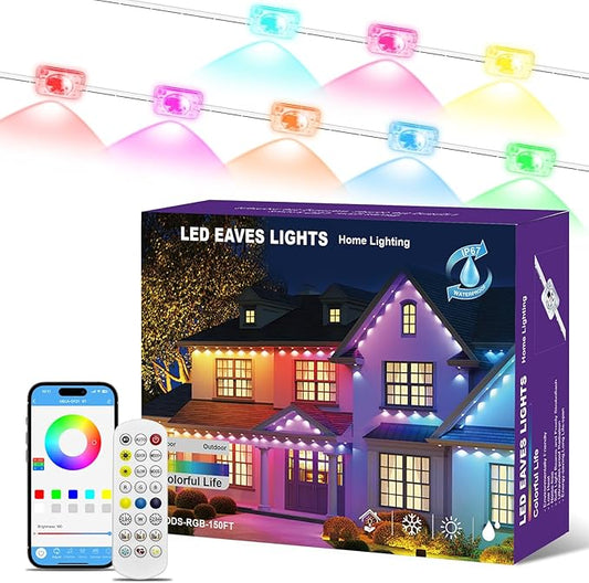 mw Permanent Outdoor Lights for House, 150ft RGB+IC Smart Outdoor Decor, 50+ Scene Modes, App/Remote Control, IP68 Waterproof, House Eave Lights for Christmas, Halloween, Party Decorations