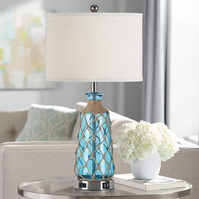 25.5" Coastal Glass Table Lamps Set of 2, 3-Way Dimmable Touch Control Bedside Lamps with 2 USB Ports and AC Outlet, Blue Nautical Nightstand Lamps for Bedroom Living Room (LED Bulbs Included)