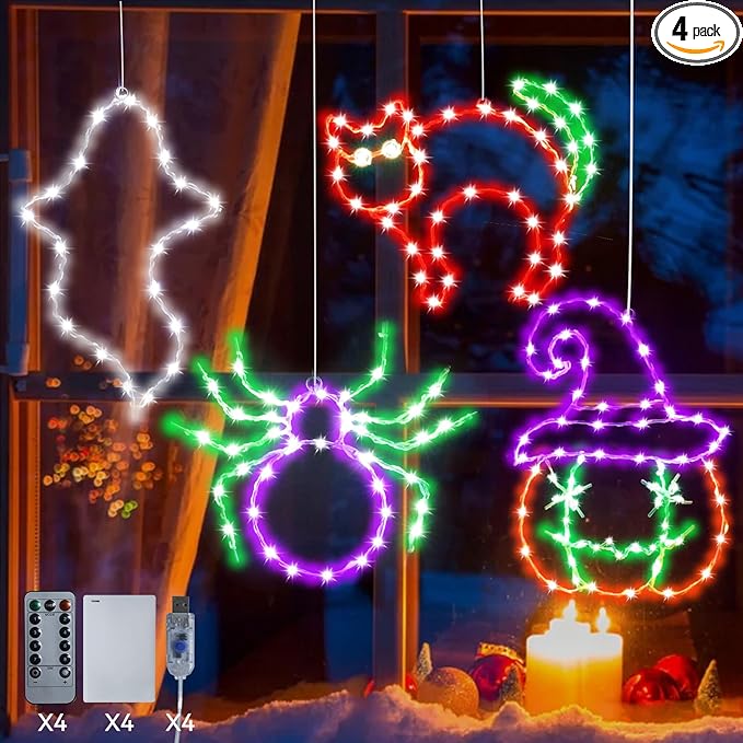 Halloween Lights Indoor 4 Packs, USB or Battery Powered Pumpkin Cat Spider Skull Decor, 8 Modes Remote Control with Timer, Halloween Window Lights Outdoor for Party