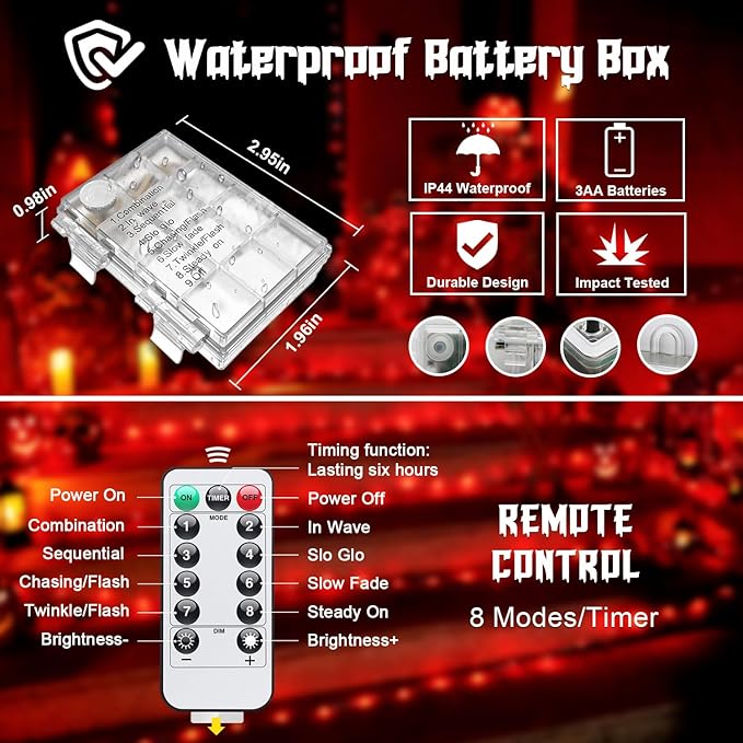 JMEXSUSS 2 Pack Red Fairy Lights Battery Operated, Total 400 LED 132ft Halloween Lights with Remote, 8 Modes Twinkle String Lights for Bedroom Wreath Tree Xmas Valentine Halloween Decorations