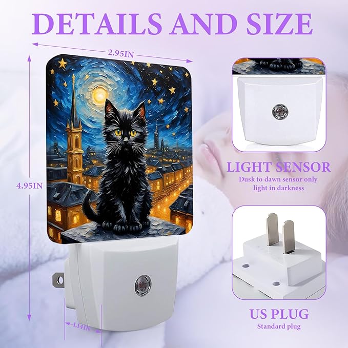 Black Cat Night Light,Starry Night Plug-in NightLights with Dusk-to-Dawn Sensor for Bedroom,Bathroom and Living Room Sleep Friendly lamp 0.5w