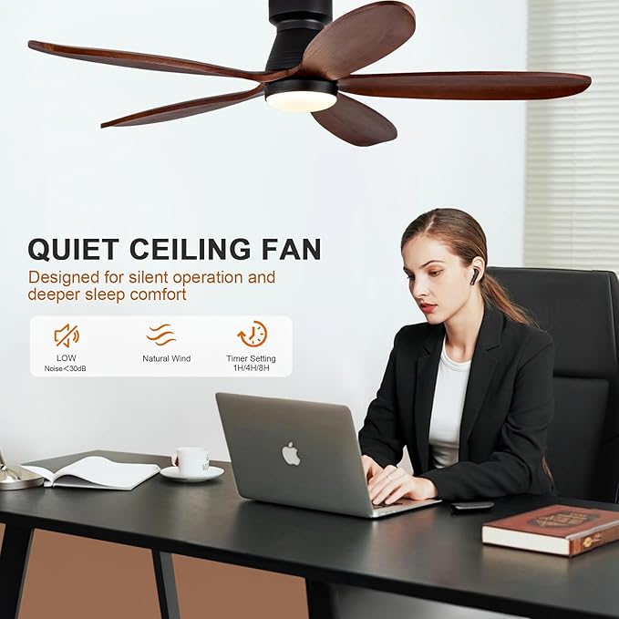 48 Inch Ceiling Fans with Lights and Remote, Low Profile Flush Mount Modern Wood Ceiling Fan with Light, 5 Blades, Dimmable, Wall Switch, 6 Speed DC Motor, Indoor Outdoor Ceiling Fan