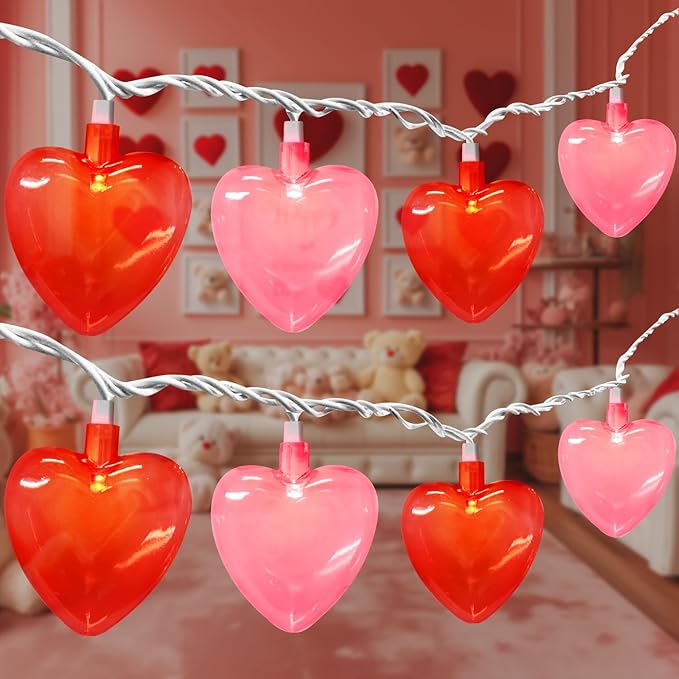 8.5Ft Valentines Day Decorations, Red & Pink Heart String Lights with 10 LED Clear Red and Pink Heart Lights, Connectable Romantic Valentine's Day Light for Wedding Valentine Anniversary Party