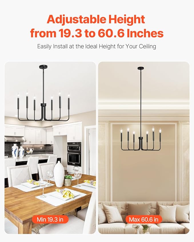 VEVOR 6-Light Chandelier, Metal Farmhouse Chandelier, Adjustable Height, Dining Room Hanging Light Fixture for Ceilings, Modern Chandelier for Bedroom, Foyer, Hall, Kitchen, Living Room and Entryway