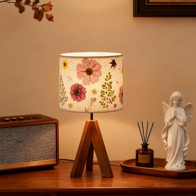 Dried Flowers Tripod Table Lamp 14.56in, 9W LED 3-Color Cute Bedside Lamp with Flowers Linen Lampshade for Nursery, Bedroom, Kid Room, Living Room, Light Brown Wooden Base